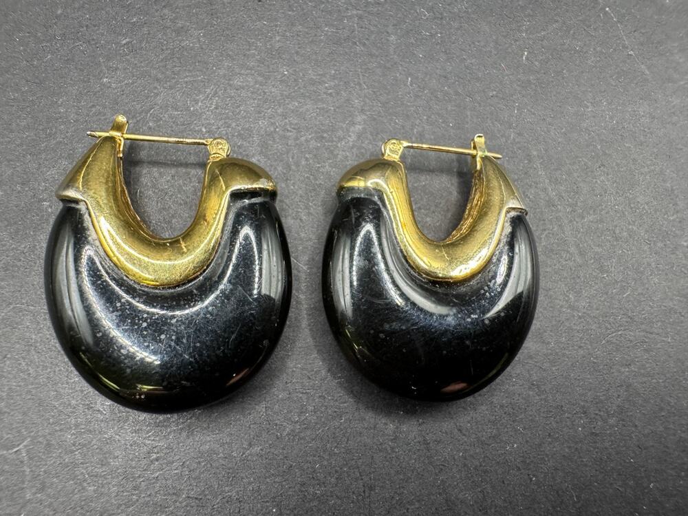 Vintage Signed NAPIER Black Enamel Gold Tone Art Deco Dangle Pierced Earrings